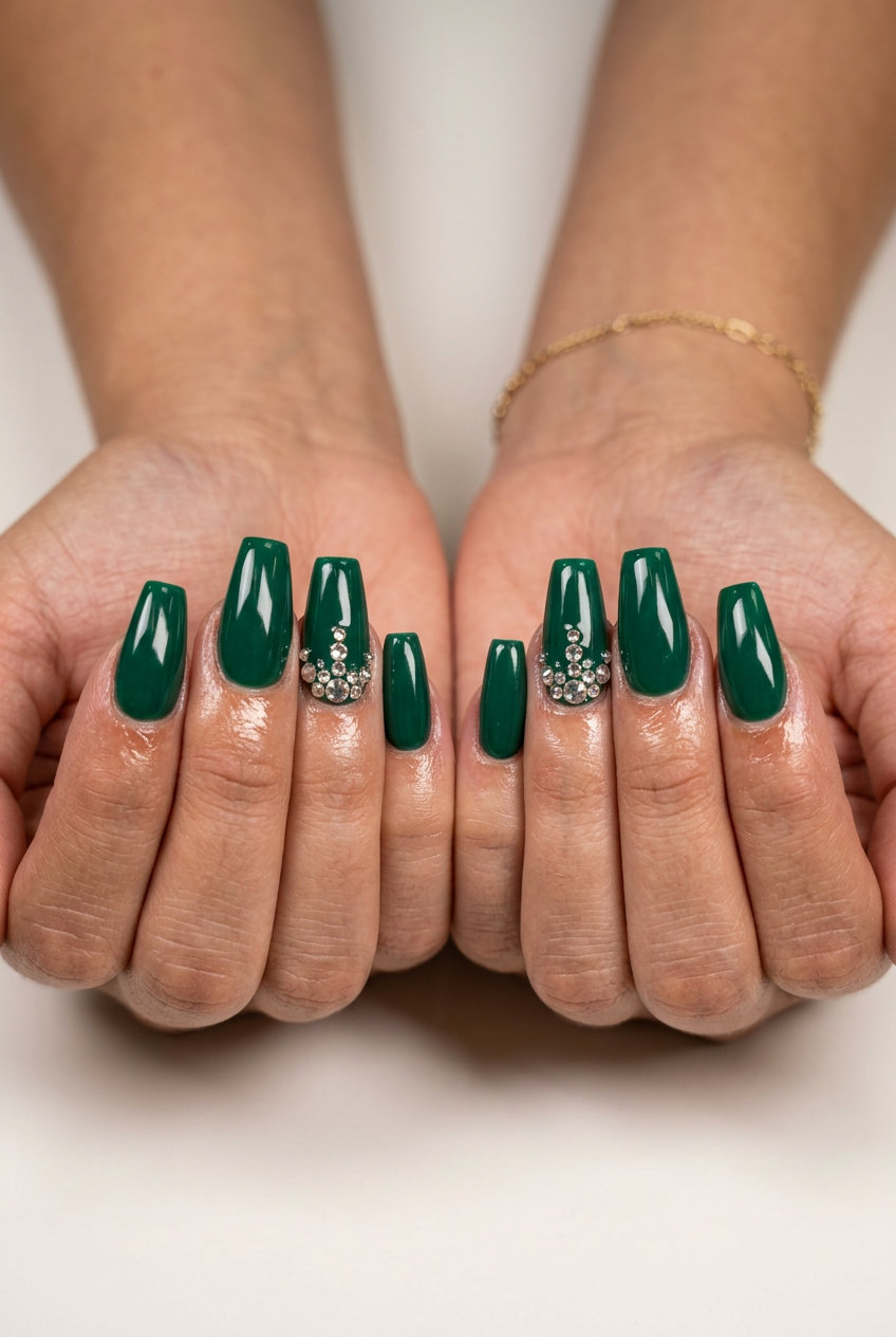 Emerald green rhinestone nails for party outfits. Glamorous green summer nails 2026 with crystal accents.