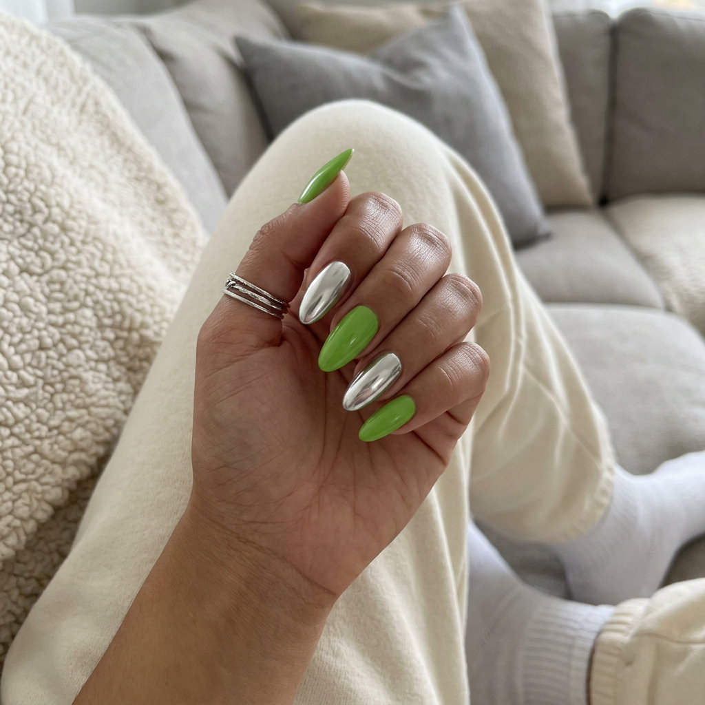 Lime green nails with silver chrome accents for festivals. Bold green summer nails 2026 with futuristic flair.
