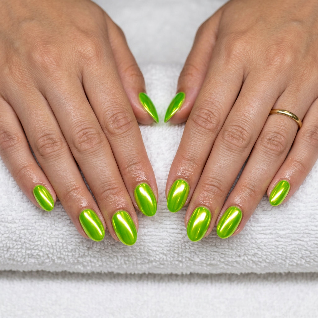 Lime green chrome nails for summer vacation. Futuristic green summer nails 2026 with mirror finish.