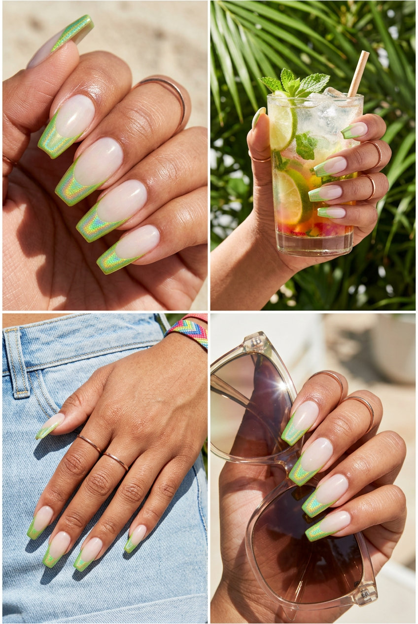Lime green holographic French tips on sheer nude base for festivals. Green summer nails 2026.