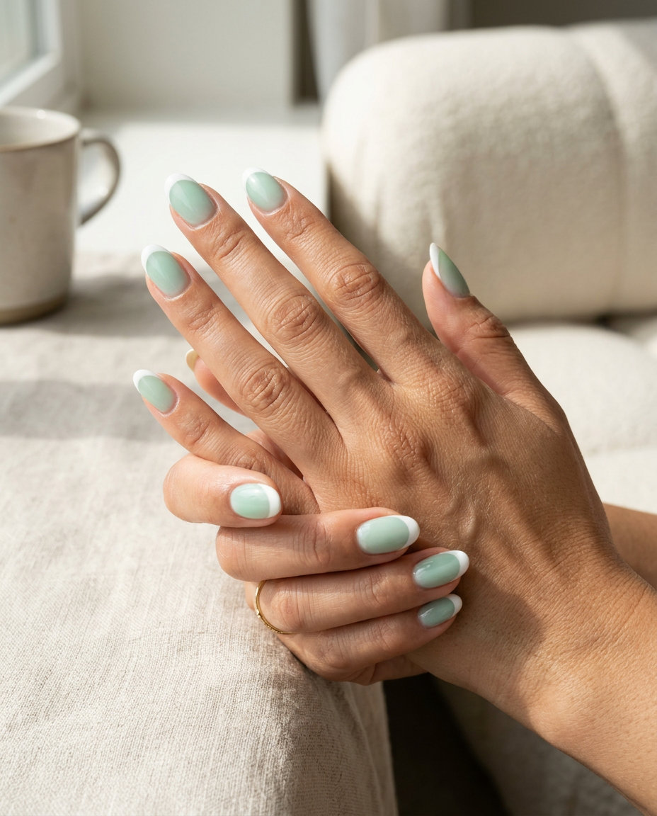 Sheer mint green French tip nails for a wedding guest outfit. Fresh green summer nails 2026.