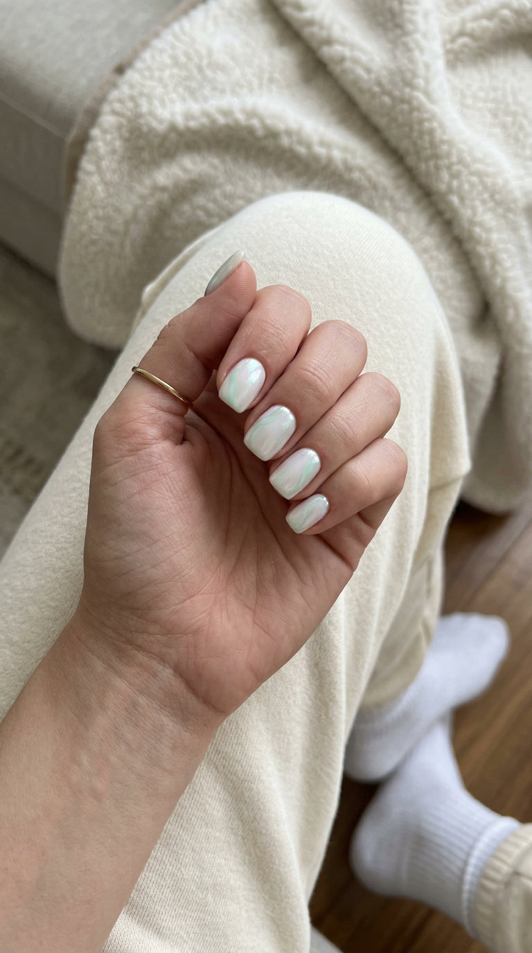 Soft mint green swirls on milky white nails for romantic dates. Green summer nails 2026.