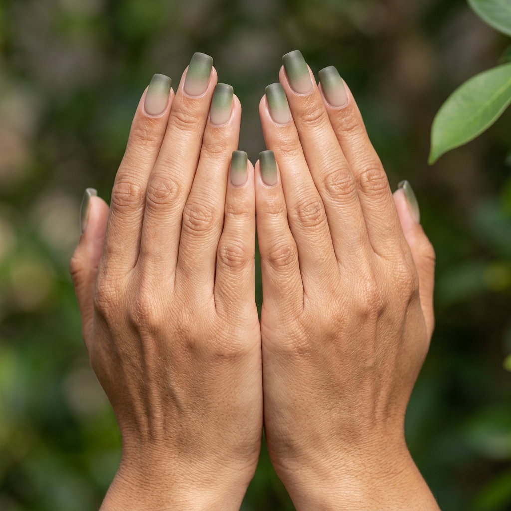 Muted olive green gradient matte nails for casual weekends and outdoor brunch. Earthy green summer nails 2026.