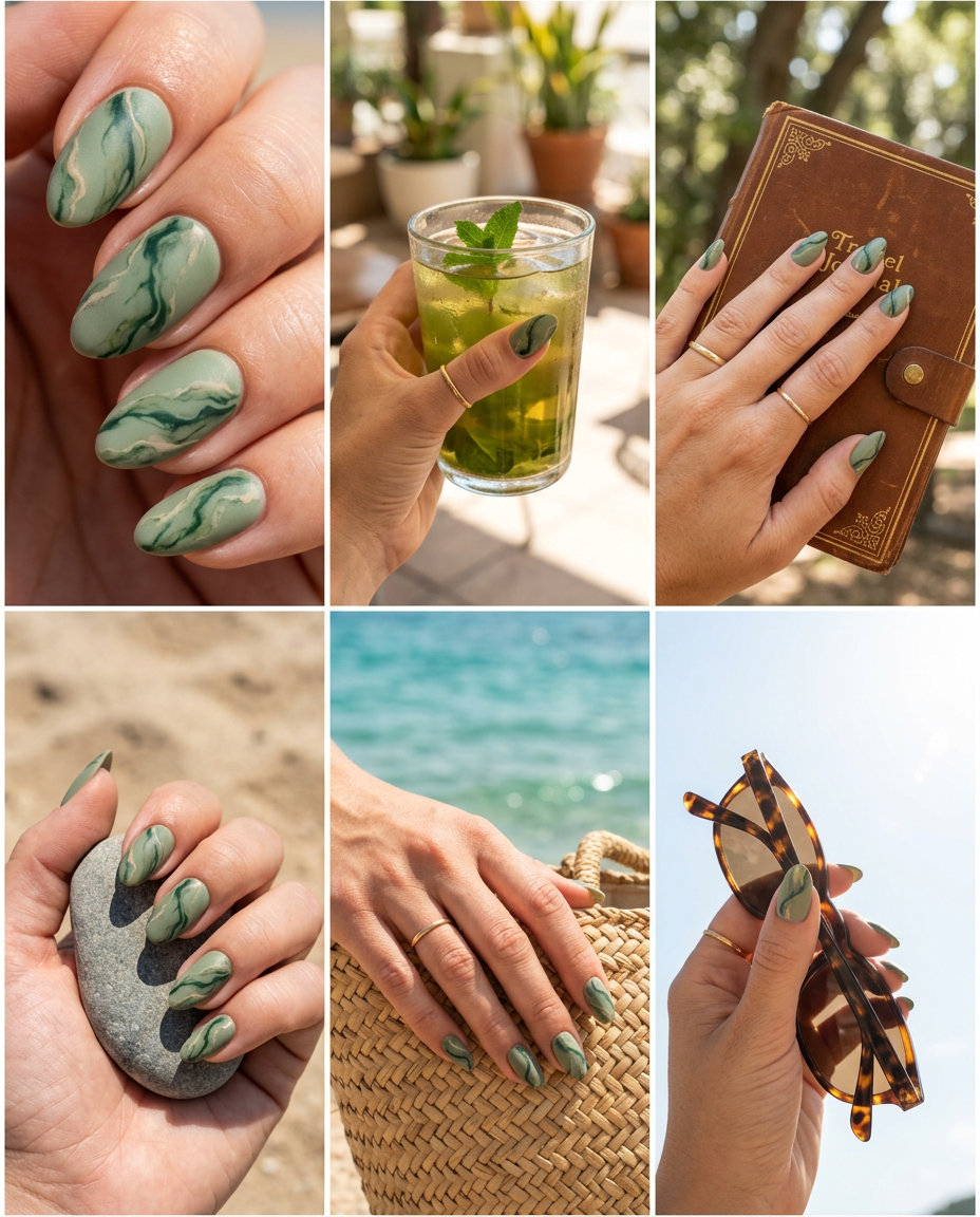 Earthy sage green abstract marble nails with forest green and cream for summer vacation. Green summer nails 2026.