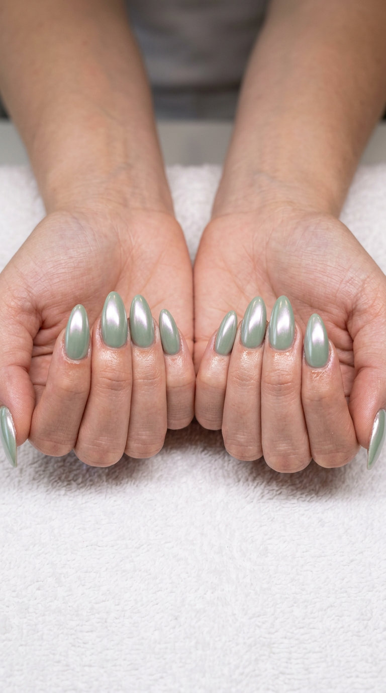Polished muted sage green glazed nails for daily wear or work, featuring subtle green summer nails 2026.