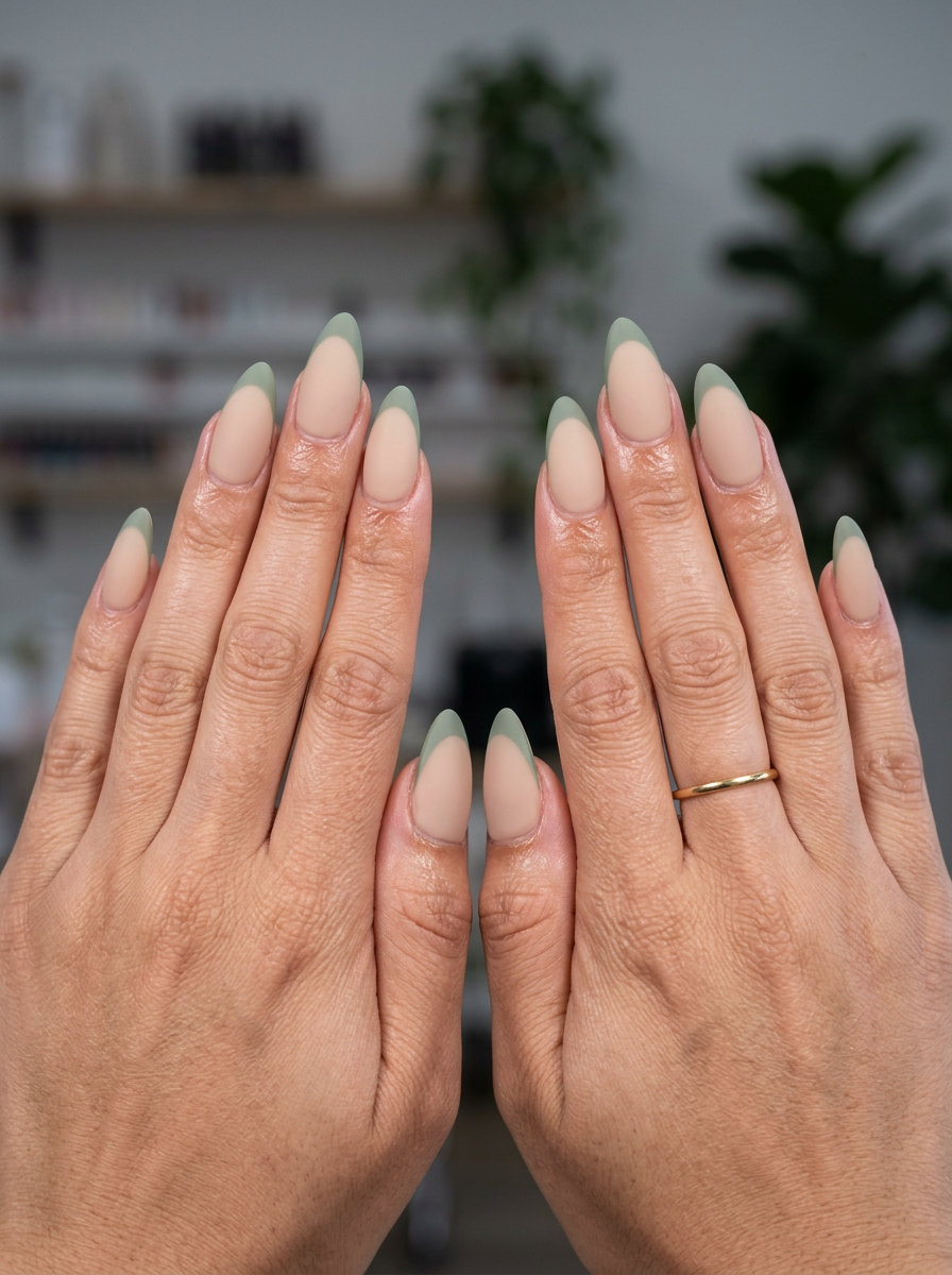 Muted sage green velvet matte French tips on neutral beige for office wear. Green summer nails 2026.