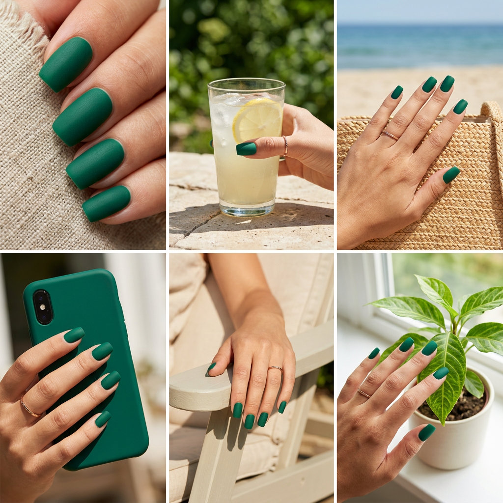 Velvet matte emerald green nails for evening events. Sophisticated green summer nails 2026 with luxurious finish.