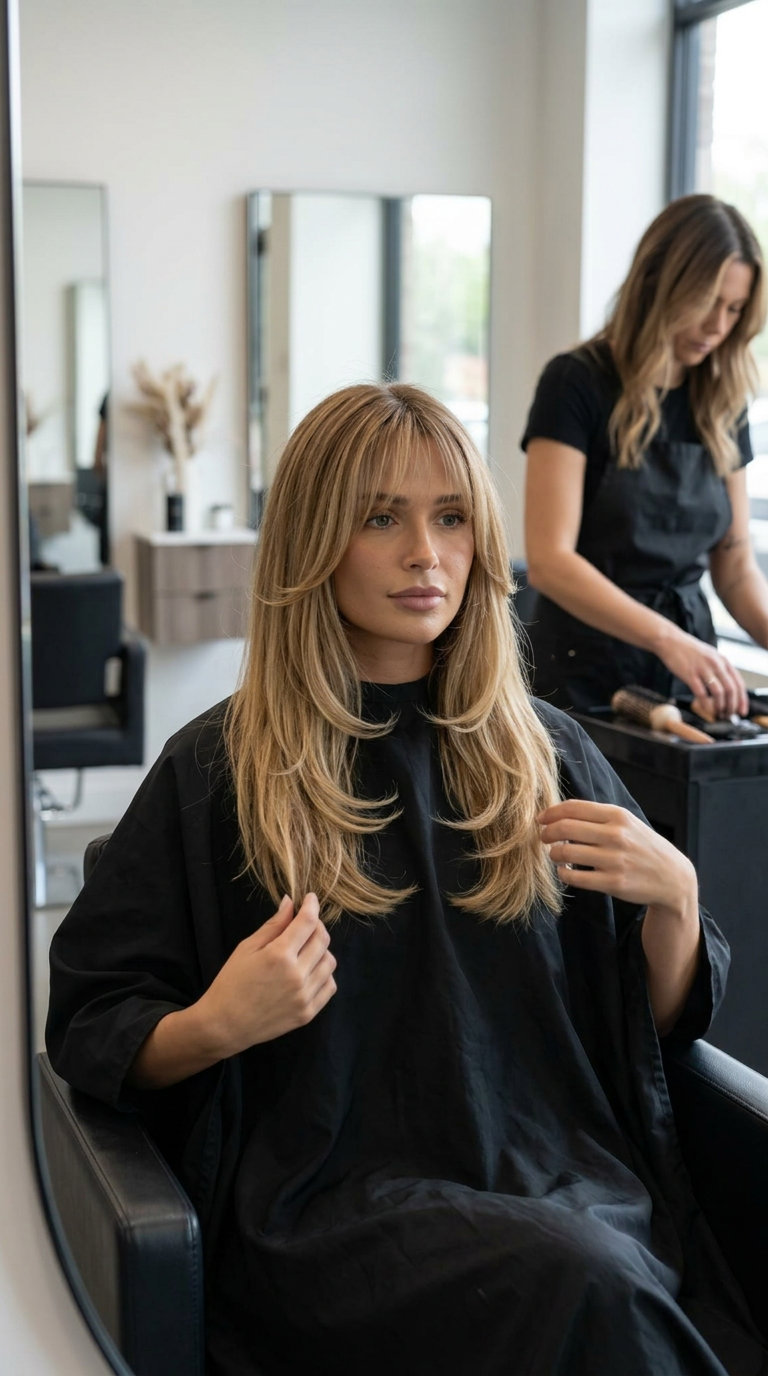 Summer Siren Curve: Honey Balayage Long Bob 2026 long honey blonde balayage bob with curtain bangs and face-framing highlights for summer