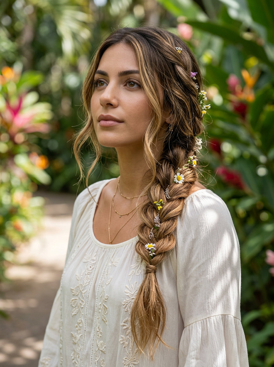 long side braid with honey balayage, loose texture, and whimsical details for summer