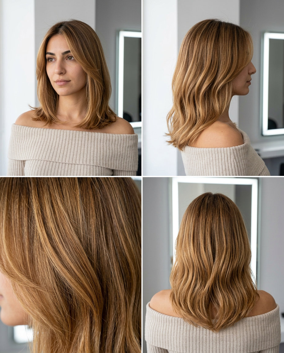 Golden Hour Collarbone Waves 2026 medium collarbone cut in honey balayage with golden caramel ribbons, long internal layers, face-framing pieces — soft romantic