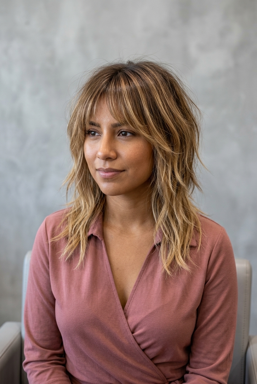 medium shag haircut with honey blonde balayage, razored choppy layers for music festivals