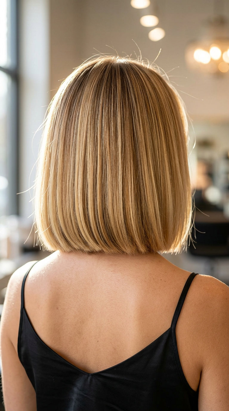 chin-length honey blonde balayage bob with deep vanilla root and razor-sharp perimeter for professional