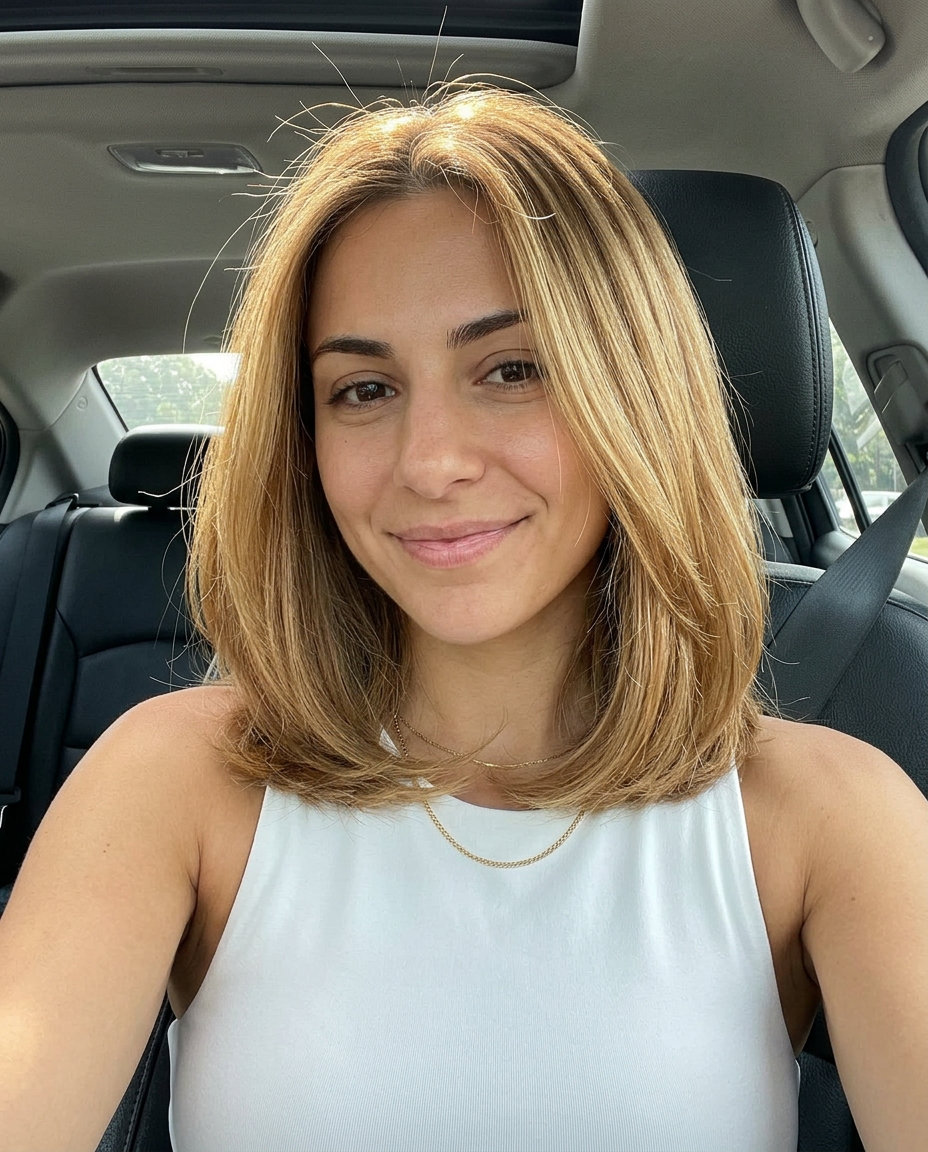 collarbone-length curve cut with warm honey blonde babylights, soft root smudge, face-framing money pieces — soft voluminous golden