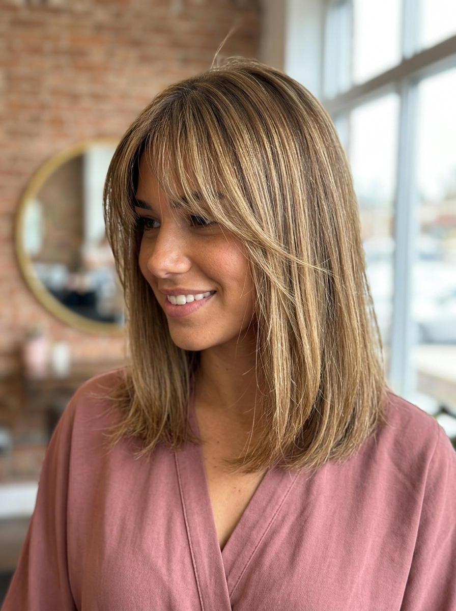 shoulder-grazing lob haircut in honey blonde balayage with light brown roots, Birkin bangs, A-line perimeter — playful bohemian