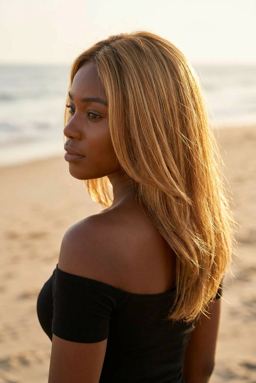 Honey Blonde Balayage 2026: Romantic Summer Glow long honey blonde haircut with golden babylights, dark vanilla root smudge, no fringe — romantic summer look