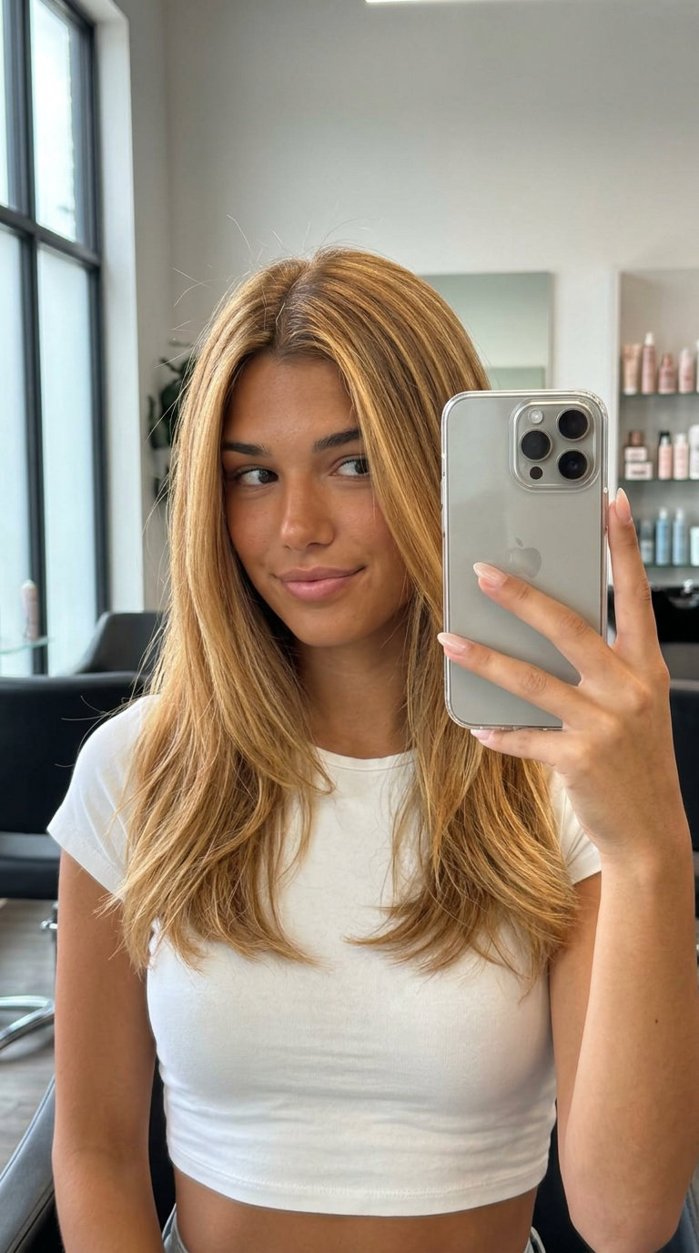 long honey blonde balayage highlights with amber tones, beachy look