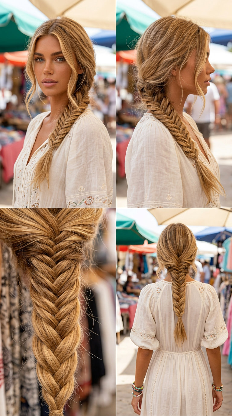 long honey blonde fishtail braid with golden highlights and face-framing pieces for weekend brunch