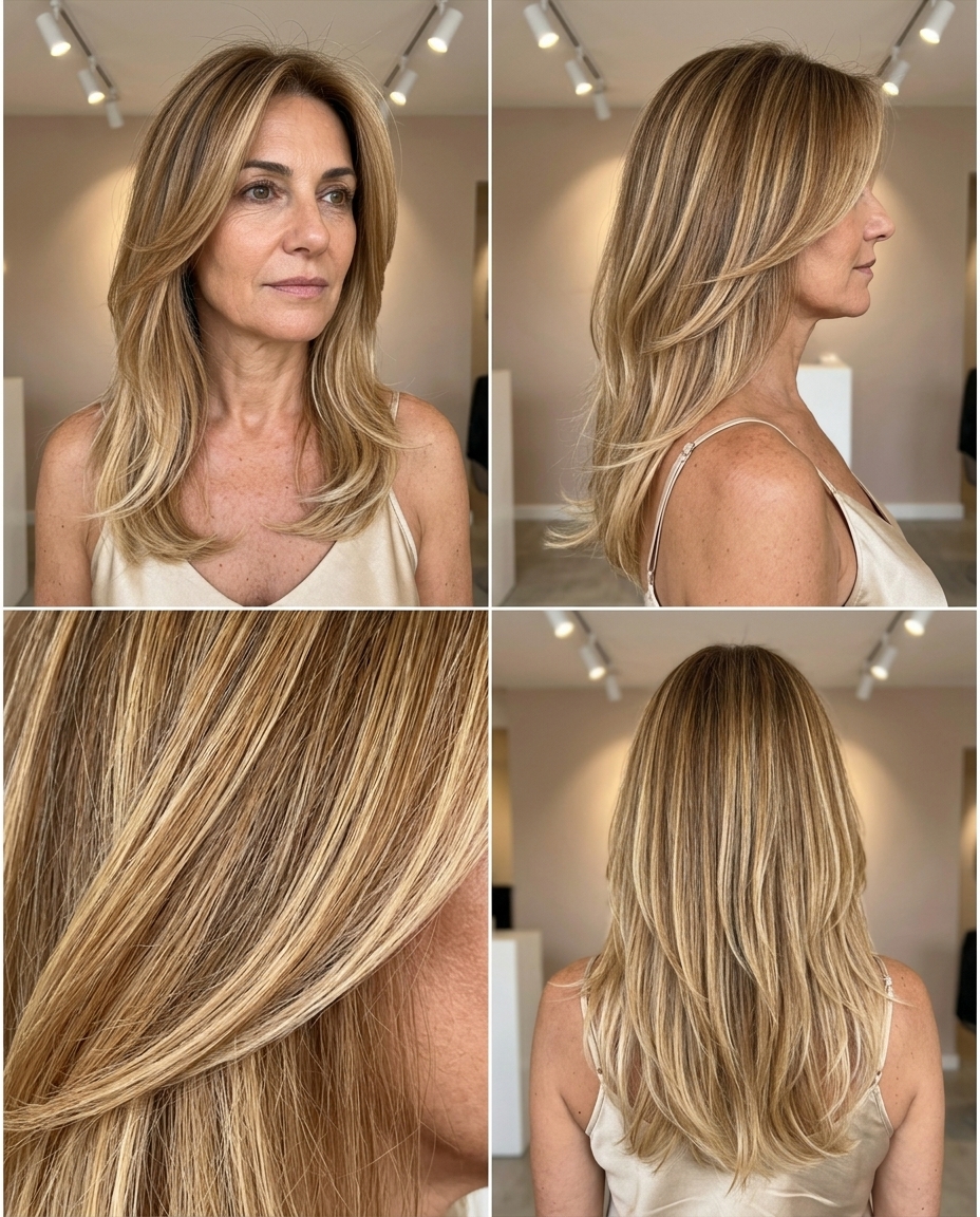 long honey blonde balayage haircut with golden babylights and face-framing layers for summer