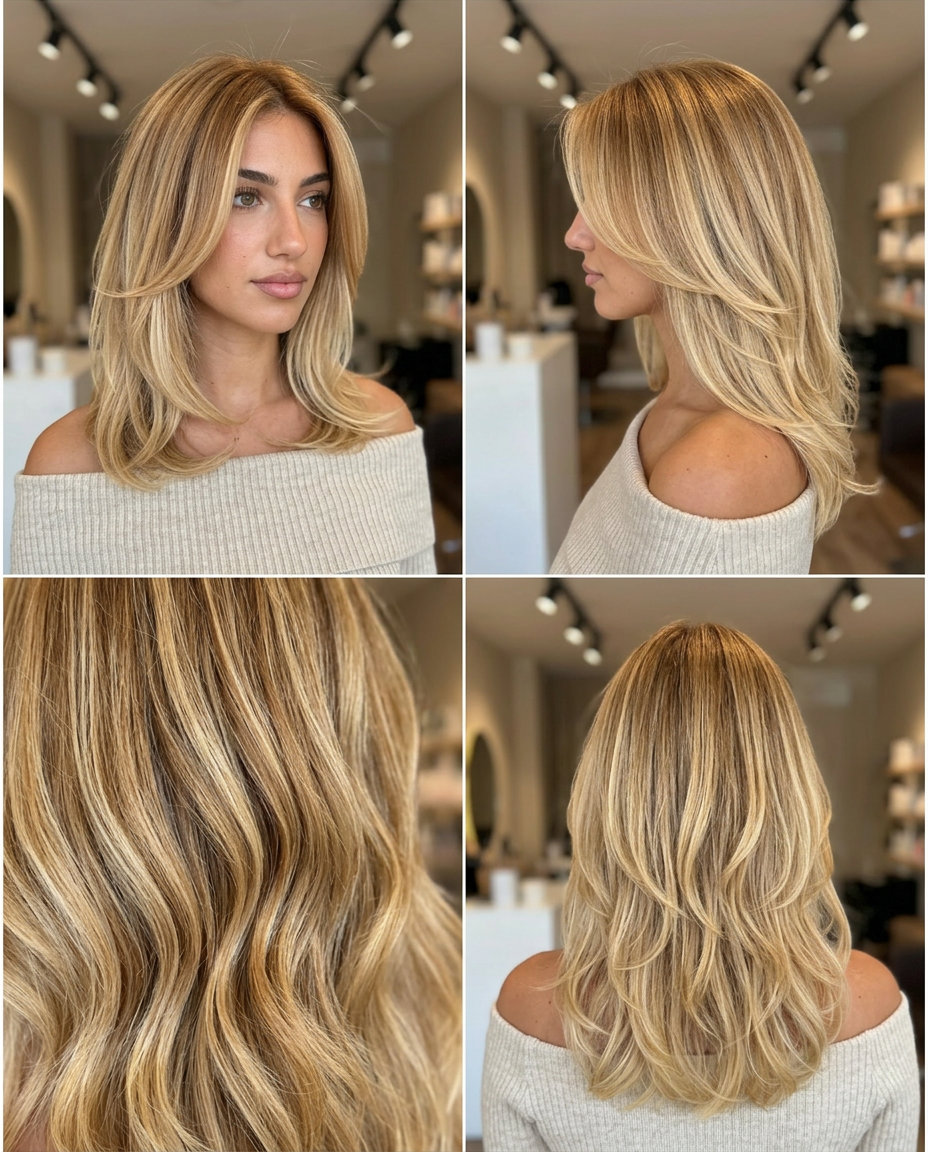 Sun-Kissed Honey Reverse Ombre Hair 2026 long reverse ombre hair color with warm honey blonde root, butter blonde ends, and caramel lowlights for romantic style