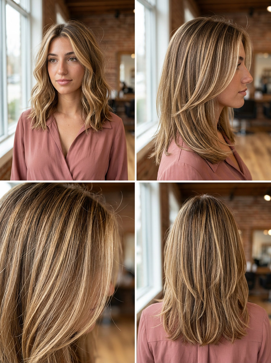long layers honey blonde with scattered golden highlights, soft and luminous