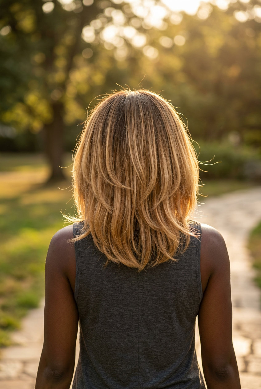 long layers honey blonde with soft shadow root, effortless and natural