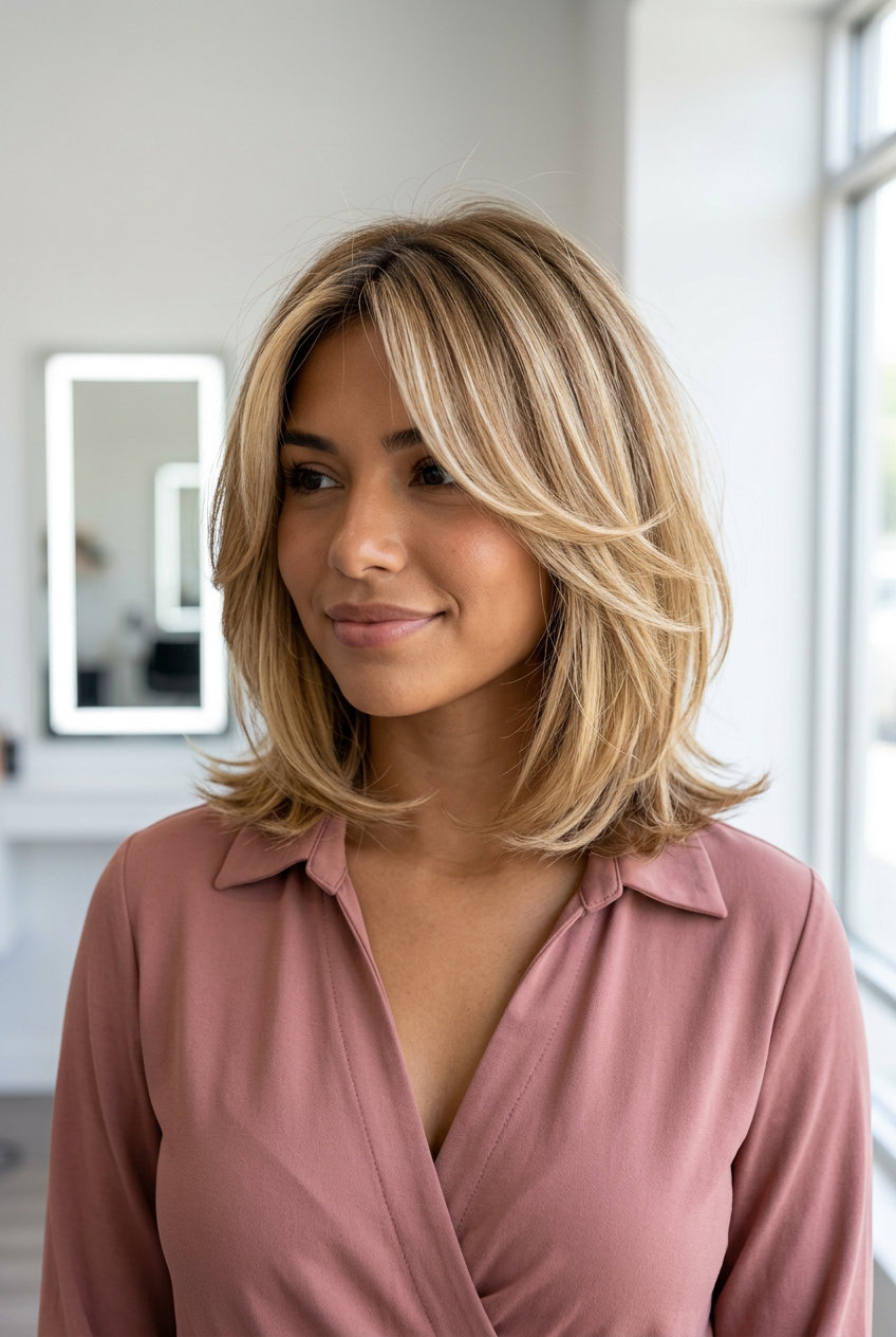 Summer Flutter Bob 2026: Honey Blonde & Chic medium-length bob with face-framing layers and curtain bangs in honey blonde with babylights for date night