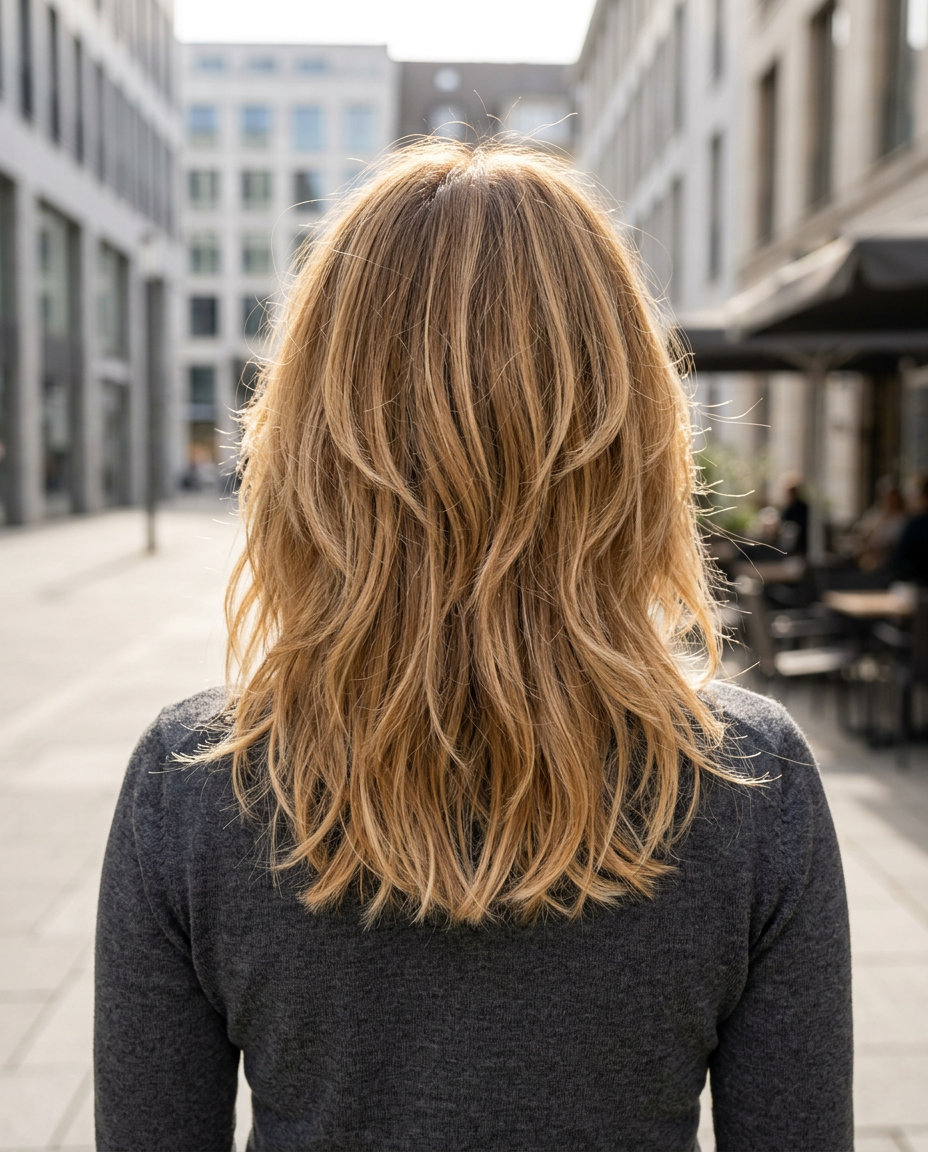 medium shag haircut in honey blonde with golden balayage and curtain bangs for sun-kissed waves