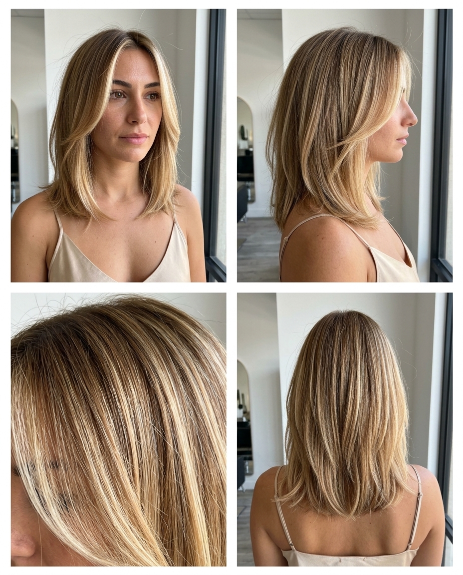 Summer Curve Cut 2026: Honey Blonde Balayage for Round Faces shoulder-grazing curve cut with honey blonde balayage, C-shaped layers, soft face-frame — playful retro vibe