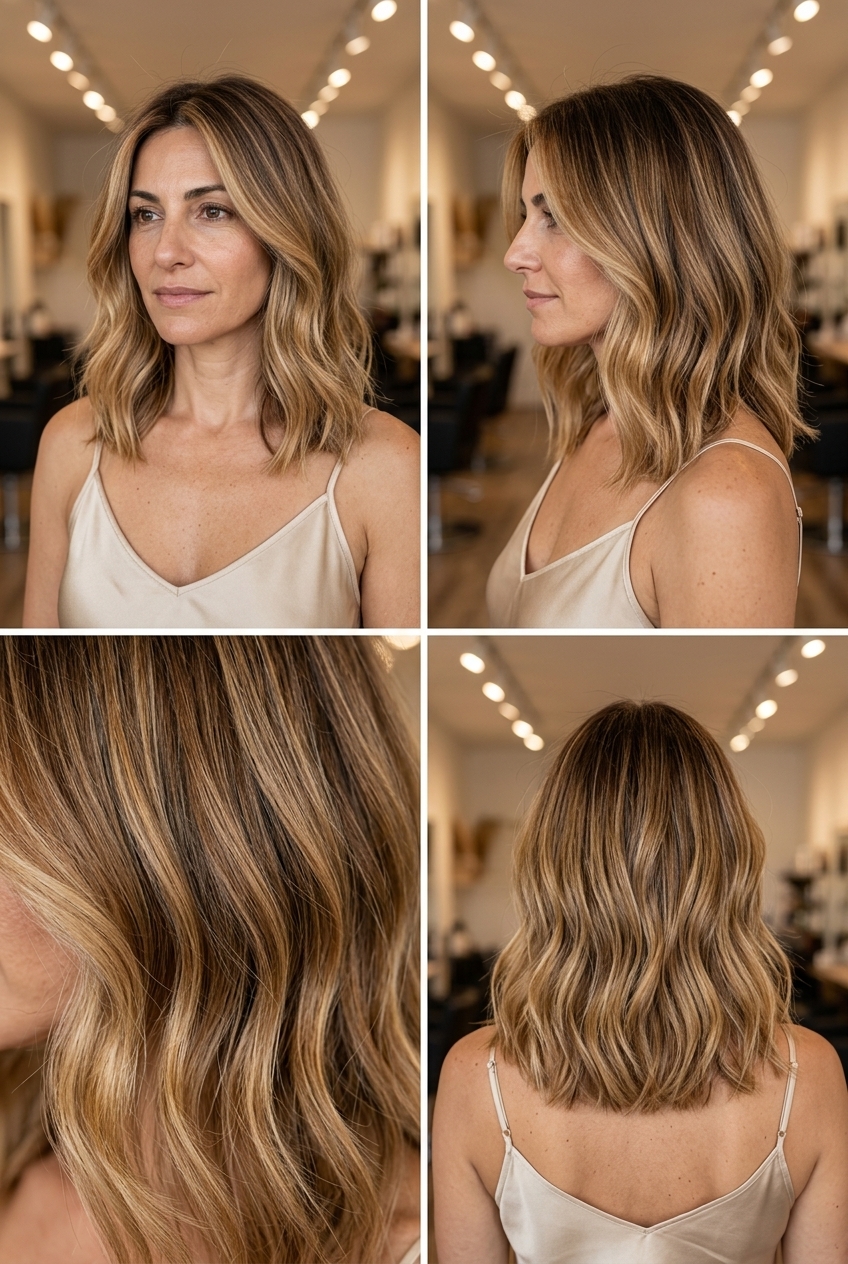 Sun-Kissed Honey Blonde Lob 2026 shoulder-length lob haircut with honey blonde balayage, caramel face-frame, soft fringe — playful youthful style
