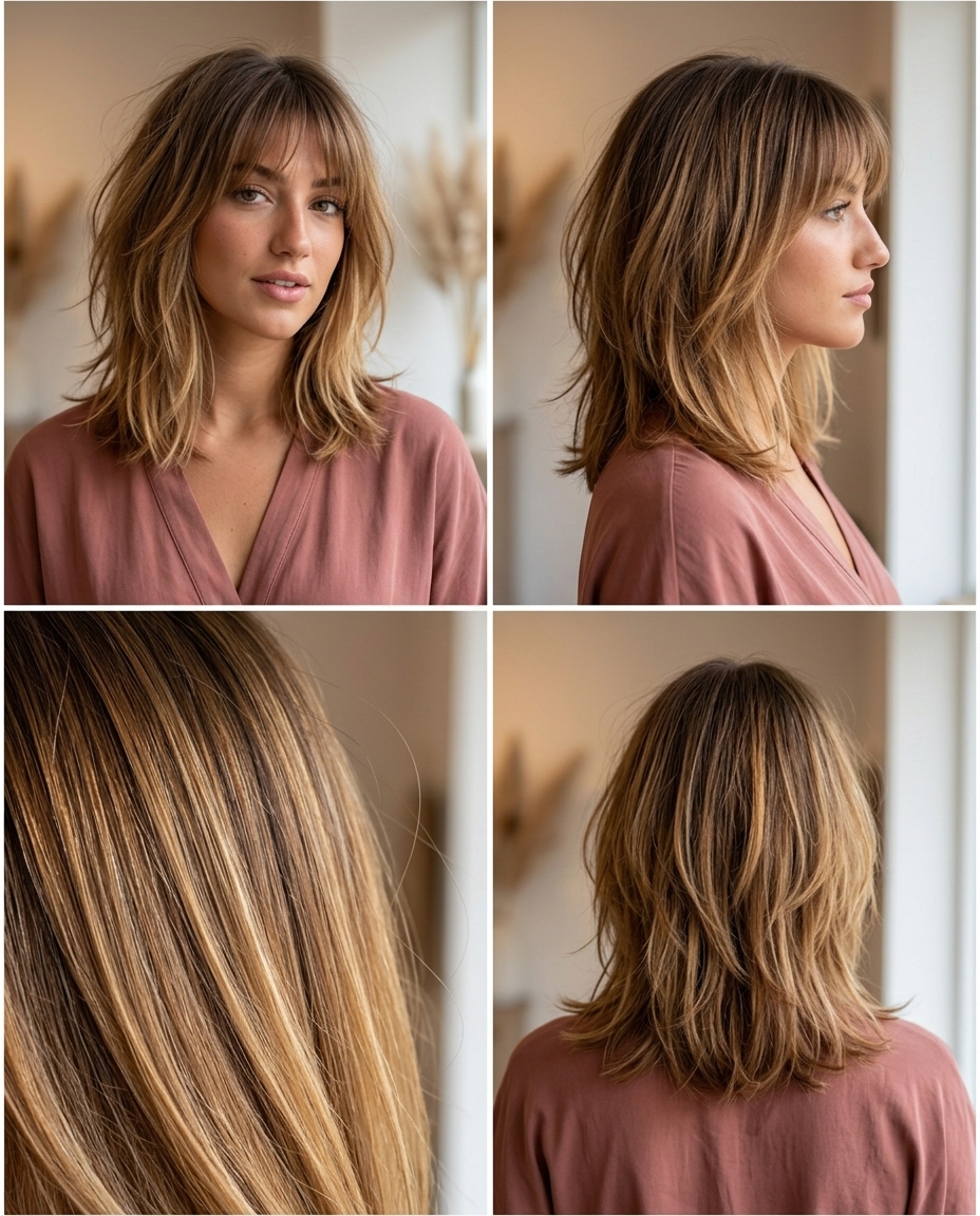shoulder-length shaggy lob with warm honey balayage and wispy fringe for summer