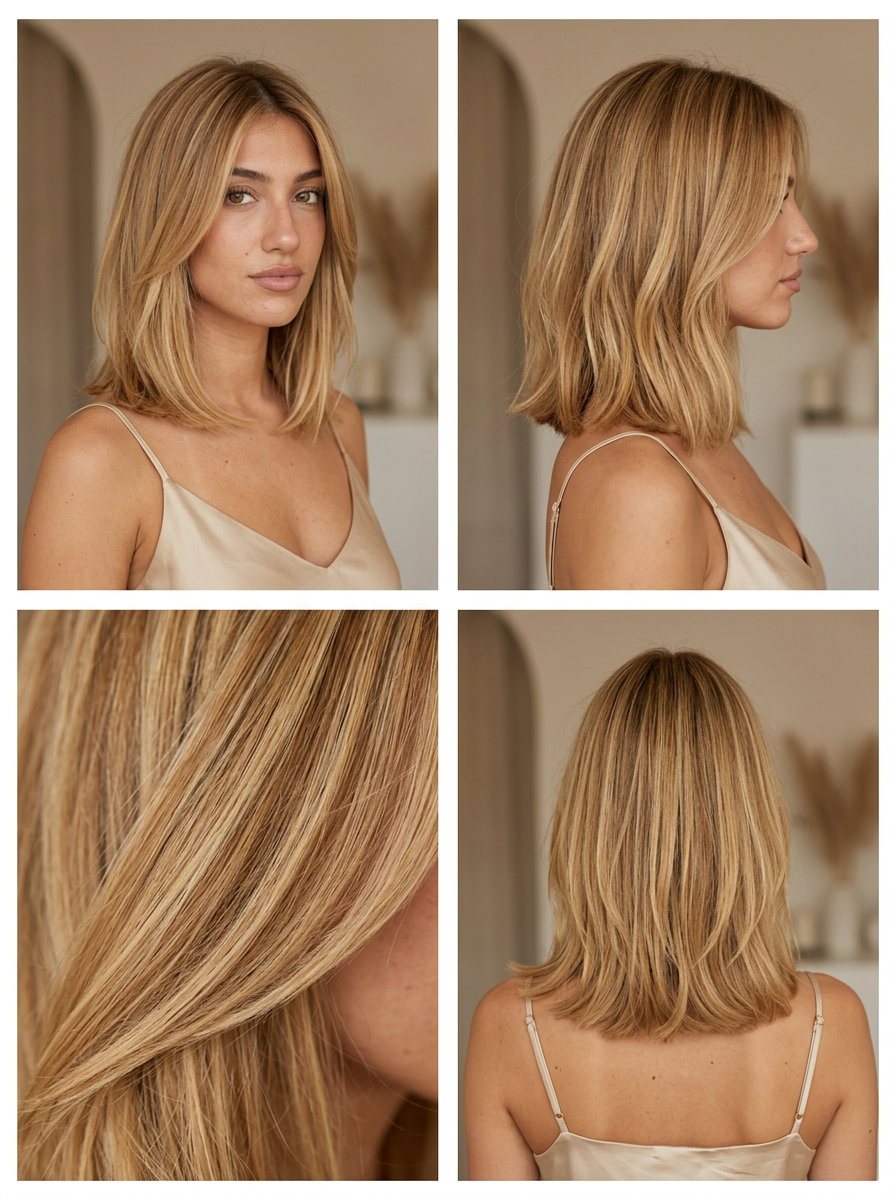 shoulder-length lob with warm honey blonde and golden babylights, natural root smudge, no fringe — classic inviting style