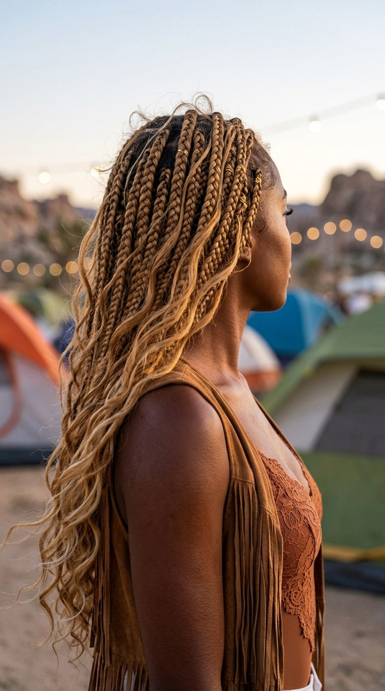 waist-length goddess braids with warm honey blonde, butterfly layers, loose waves — glamorous festival hairstyle