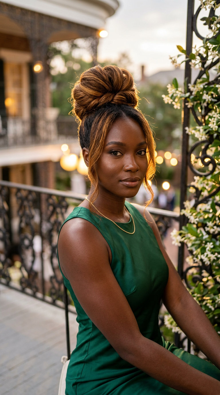 Gilded Elegance Updo Hair 2026 long blunt cut in warm honey-glazed bronze balayage with natural dark root