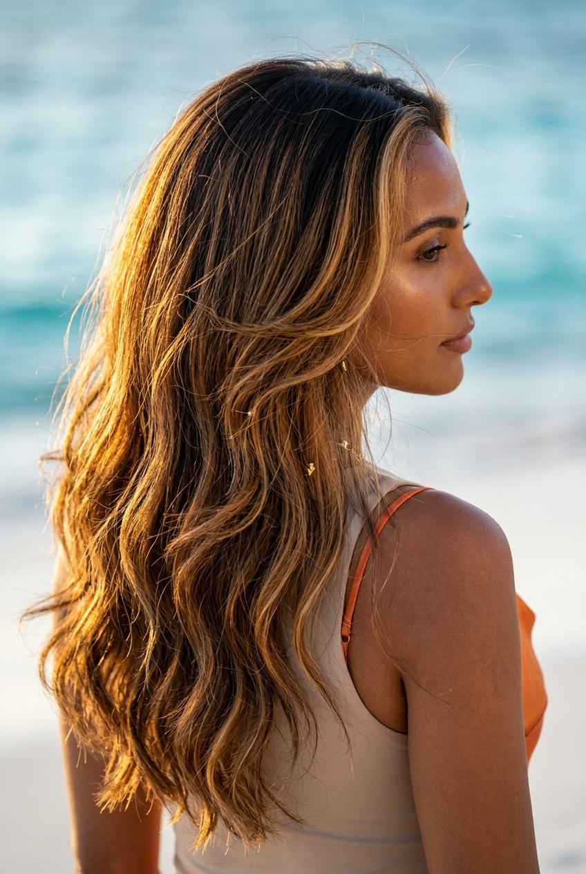 Golden Hour Layered Hair 2026 long layered haircut in honey-glazed bronze balayage with face-framing layers