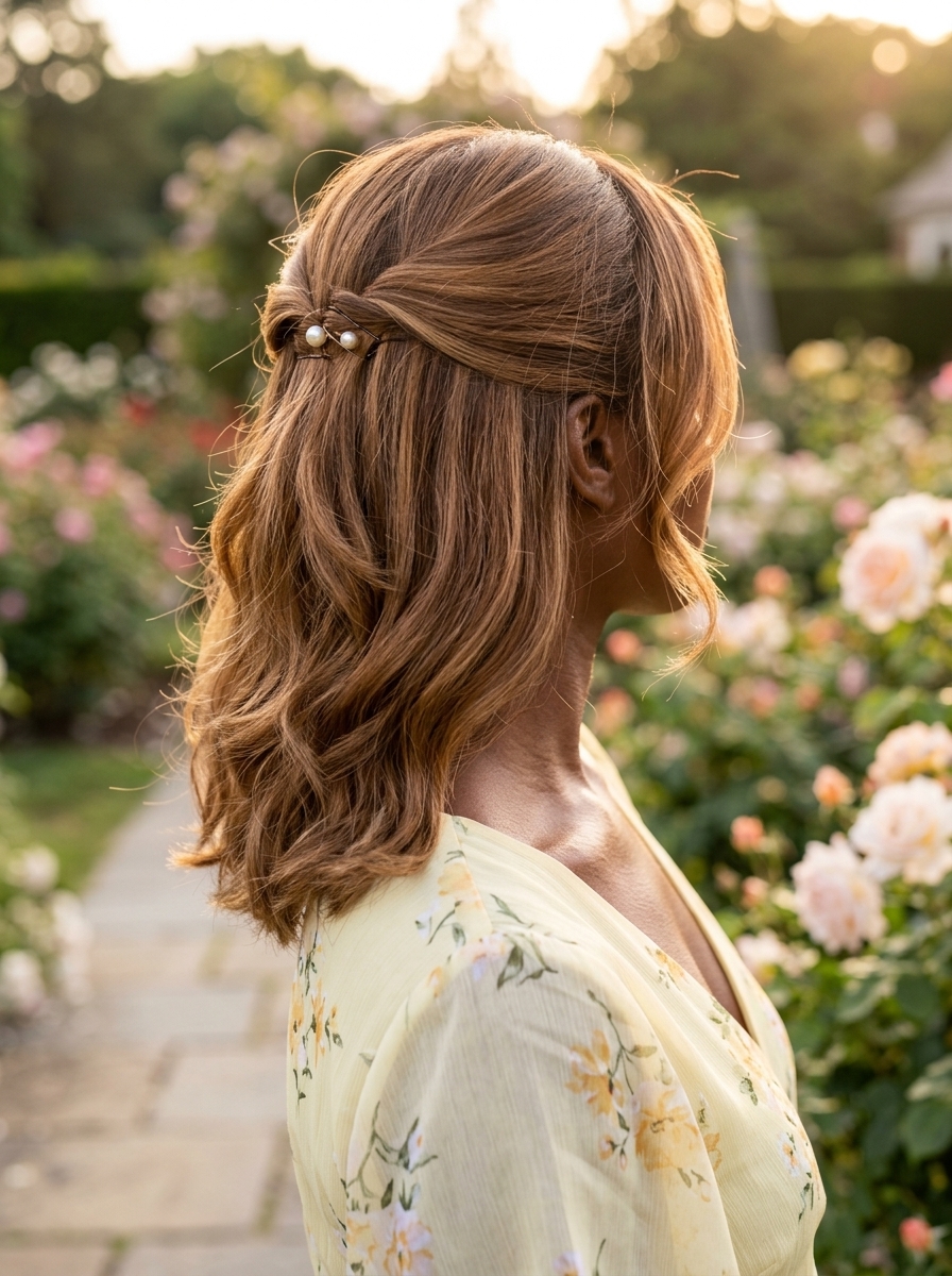 Summer Glow Half-Up Style 2026 medium length layered haircut in honey-glazed bronze balayage with face-framing layers