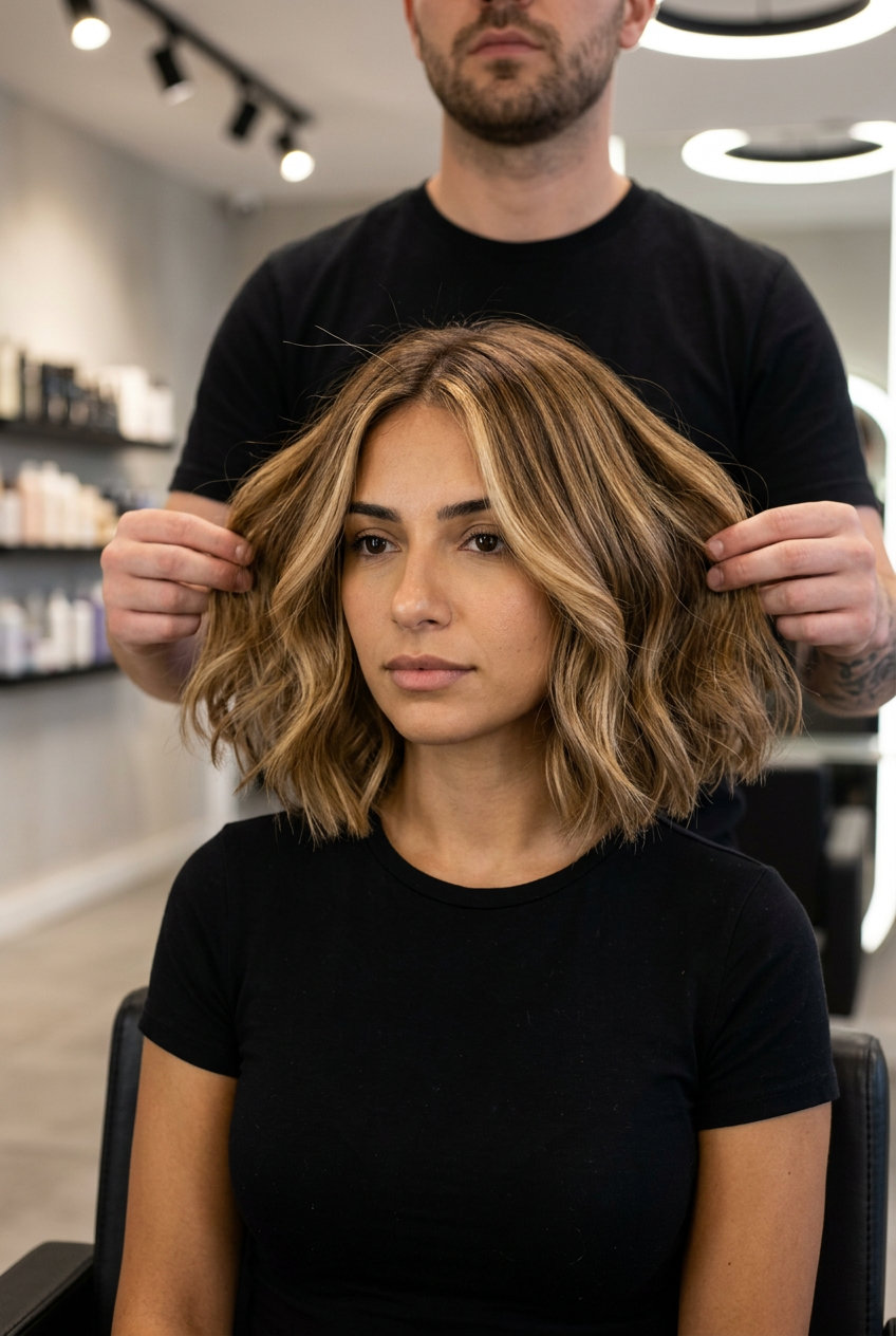short wavy bob haircut with golden honey balayage, face-framing layers for summer