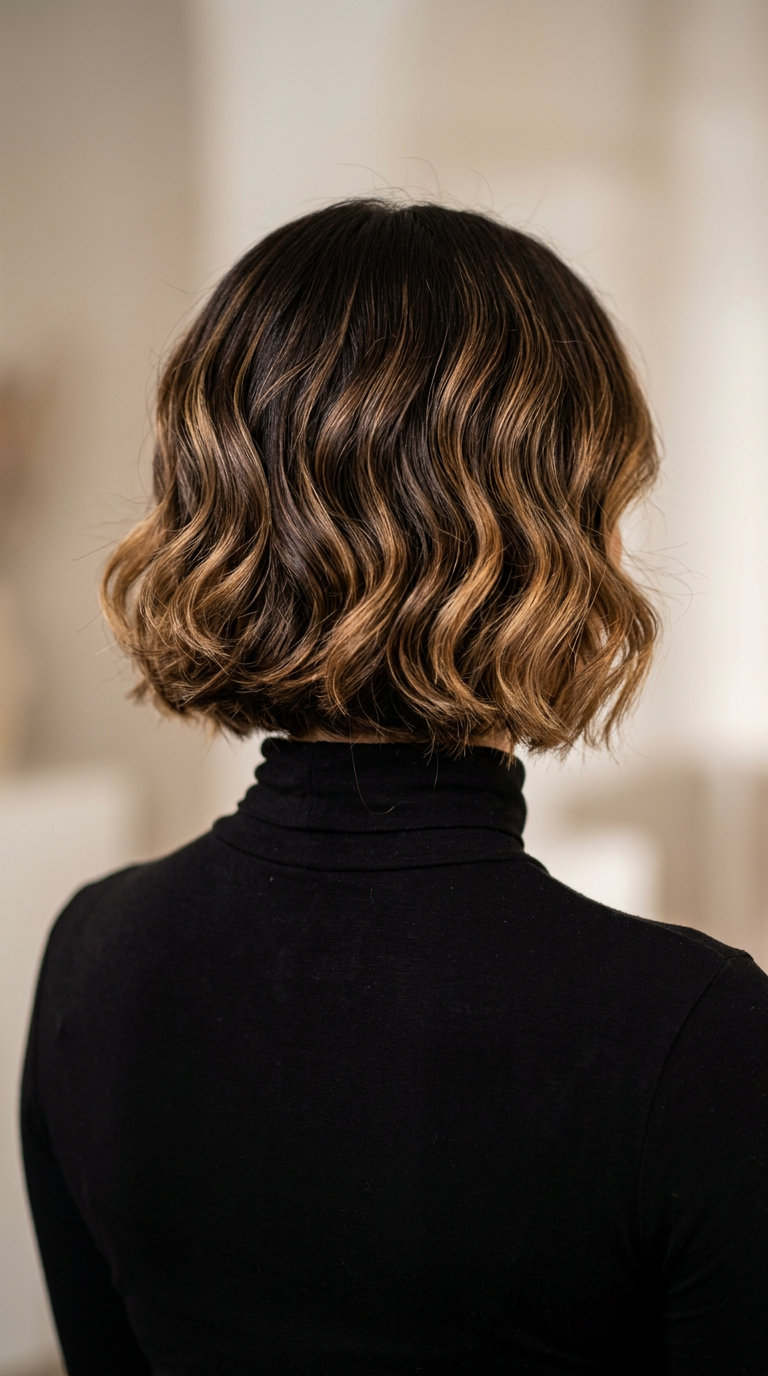short wavy bob haircut with honey balayage, sculpted waves for formal events