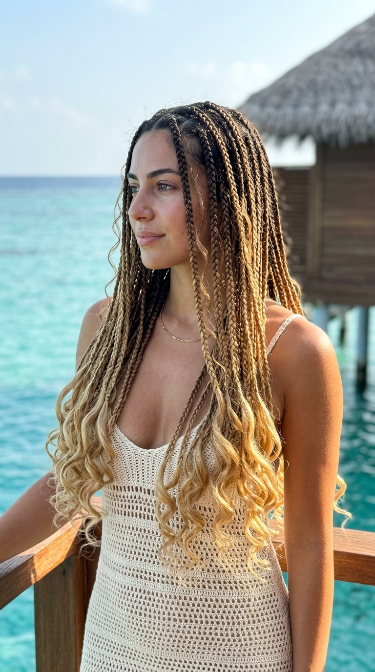 long boho braids hairstyle in honey wheat ombre, french curls, face-framing pieces — romantic bohemian