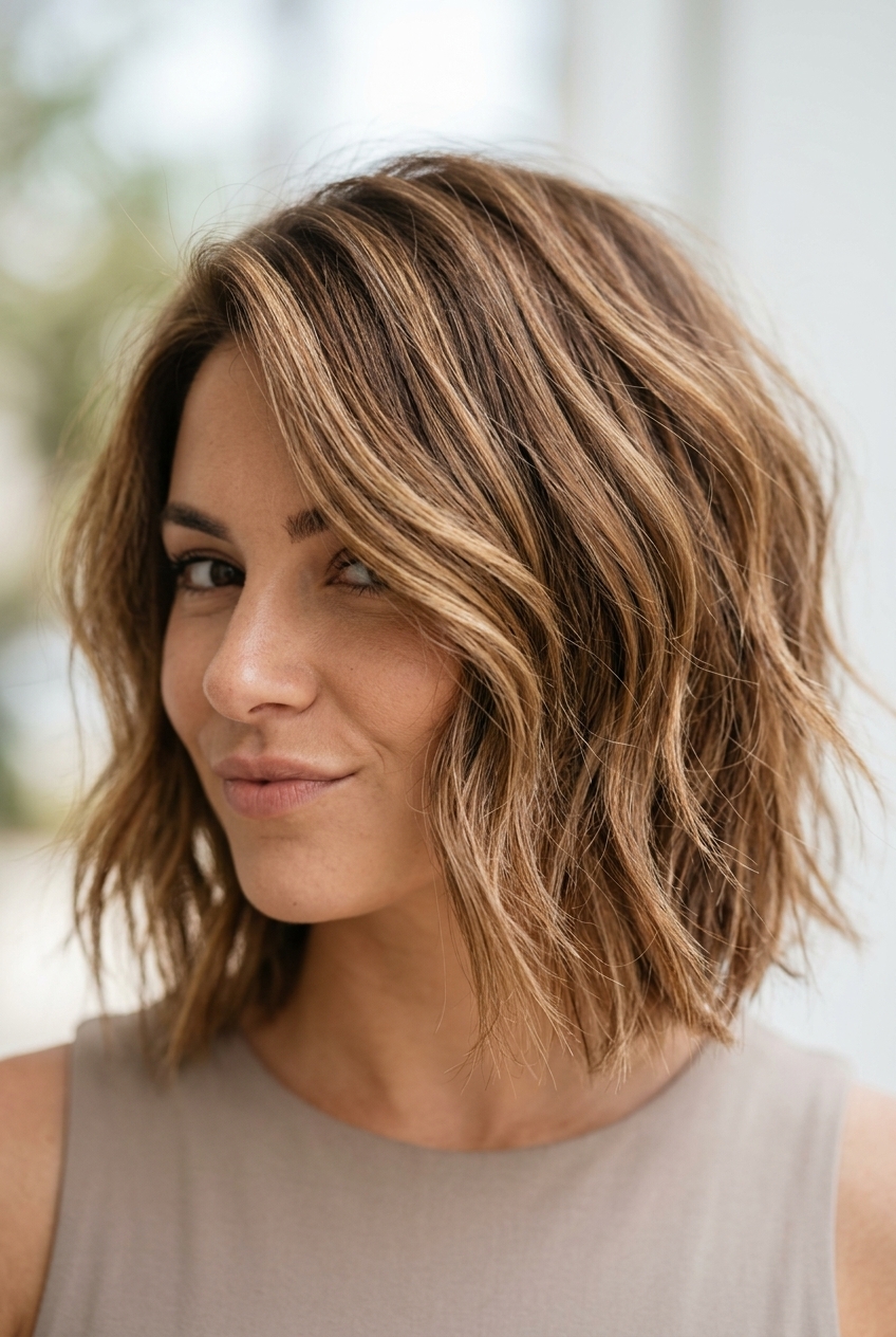 Honeycomb Texture Caramel Honey Bob 2026 Dimensional caramel honey brown hair color with honeycomb ribbons, textured bob for playful look