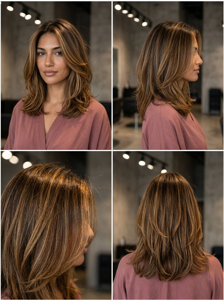 Honeyed Bronze Balayage Waves Hair Color 2026 medium layered haircut in honeyed bronze balayage with golden highlights for sun-kissed waves