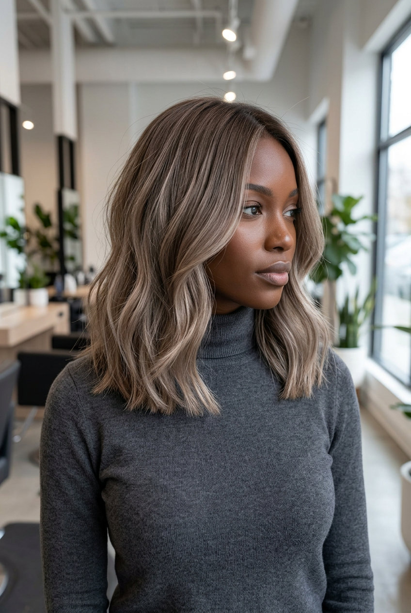 Iced Chai Brunette Balayage 2026 long iced chai brunette with cool beige babylights and ash toner, sophisticated desaturated effect for brunch
