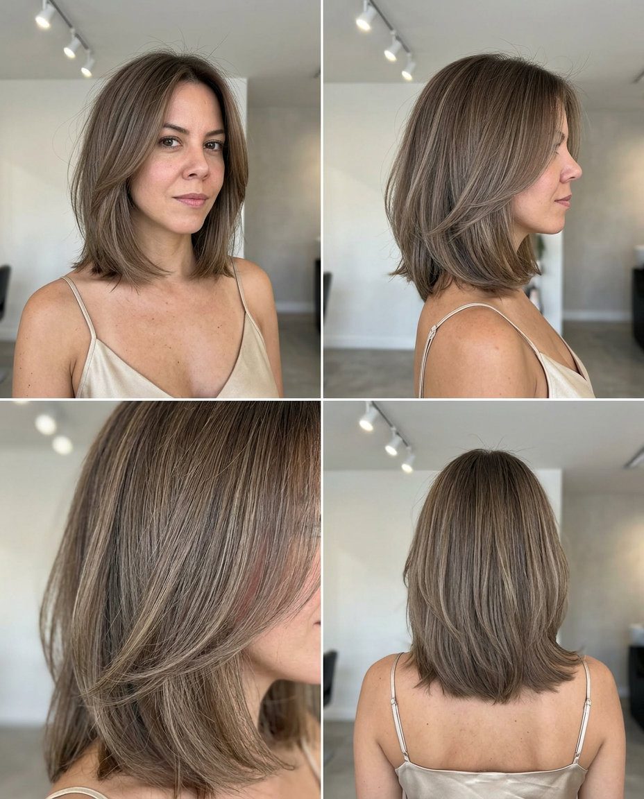 short kitty cut with iced chai color, point-cut face-framing layers and no fringe for casual wear