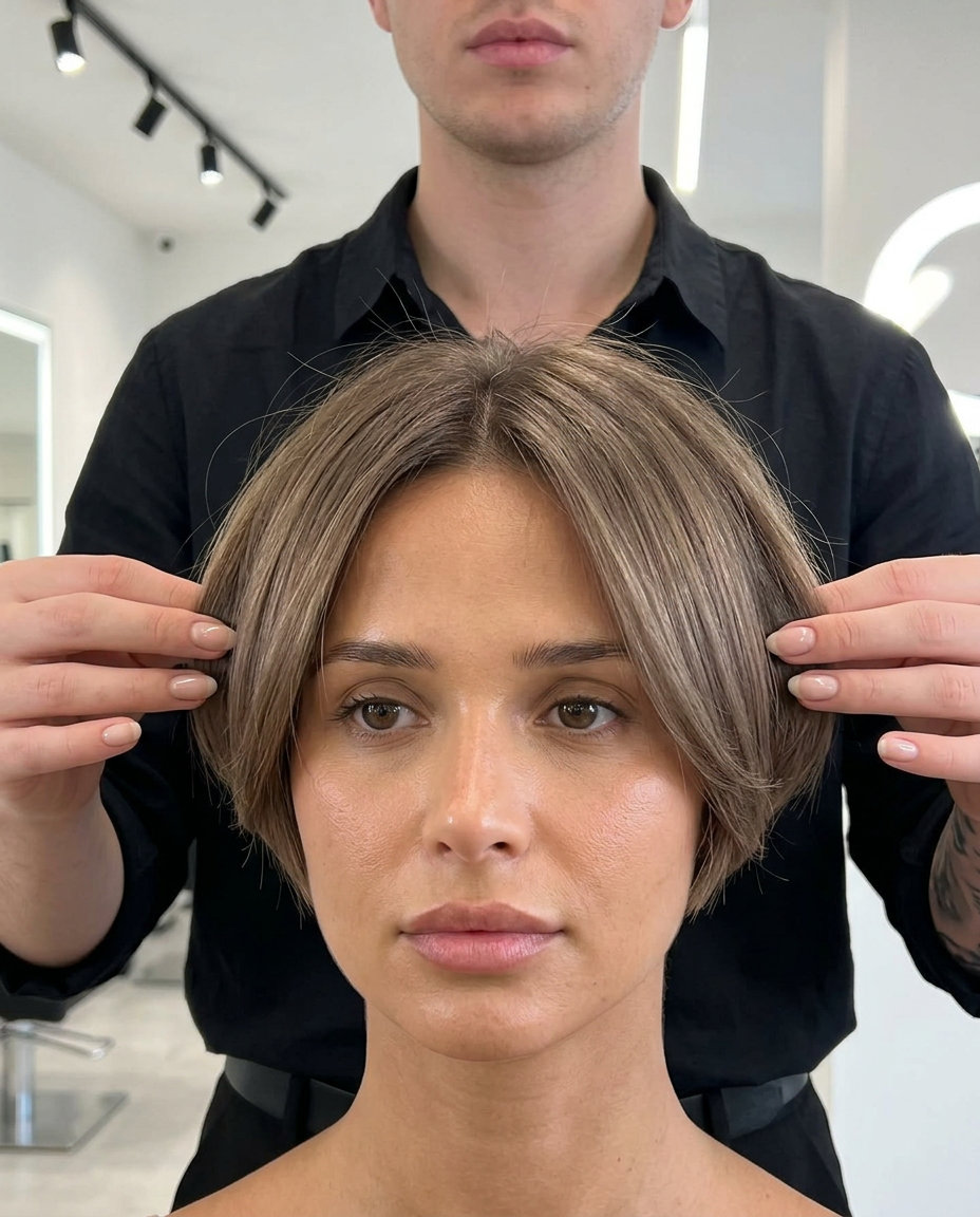 short pixie crop haircut with iced chai cool medium brown and ash beige tones, blunt graphic perimeter, no bangs — minimalist sophisticated