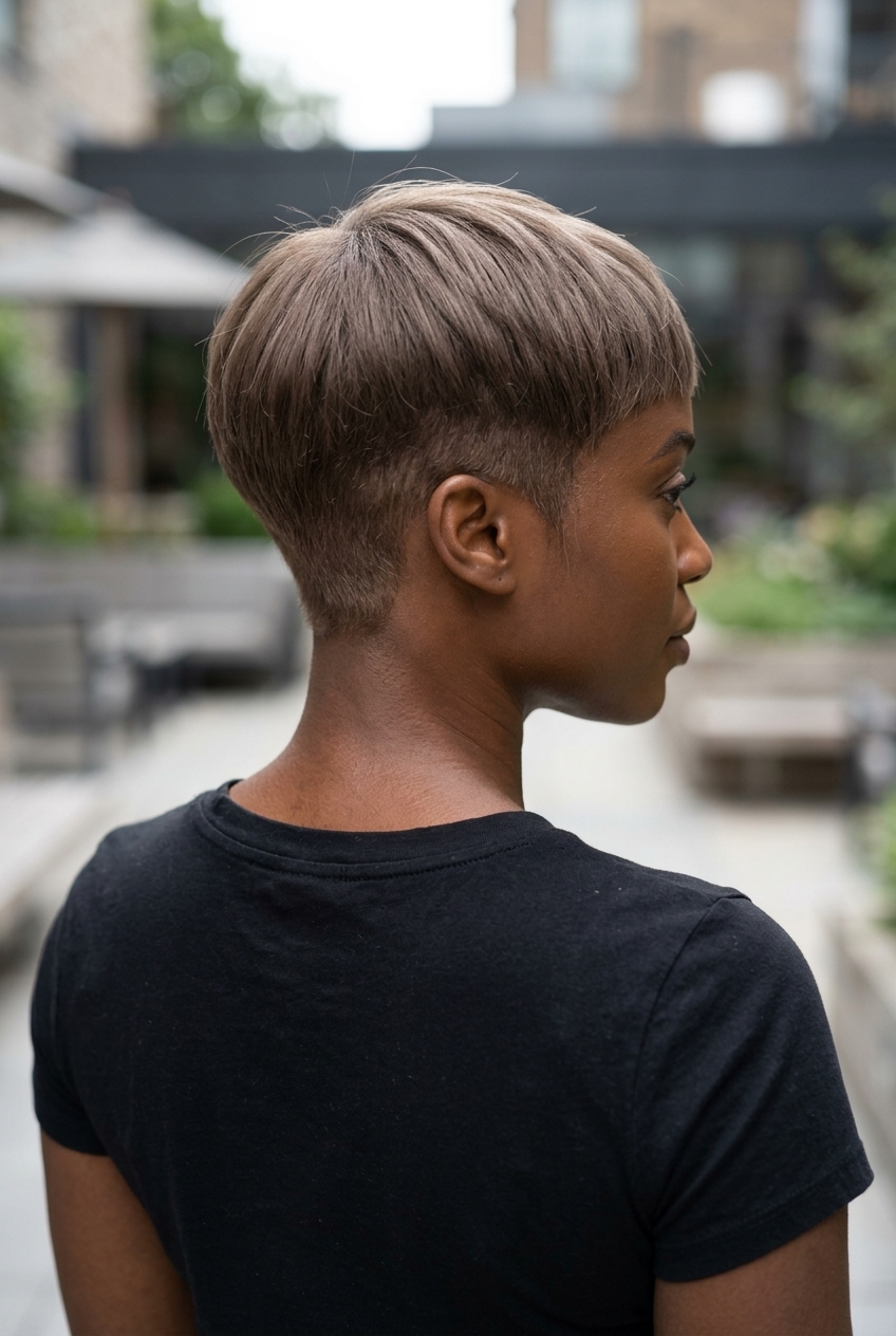 short pixie haircut in Iced Chai with micro-fringe and soft blended fade for edginess