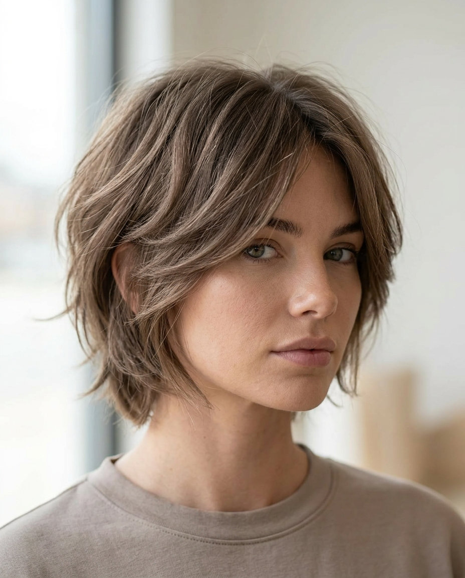 short pixie-shag haircut in Iced Chai with soft layers and textured fringe for effortless cool