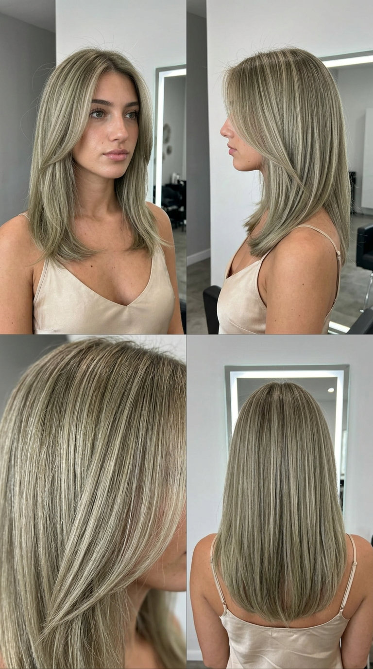 Iced Matcha Blonde Highlights 2026 long iced matcha blonde highlights with green-beige undertones, micro-highlights technique — edgy sophisticated dinner
