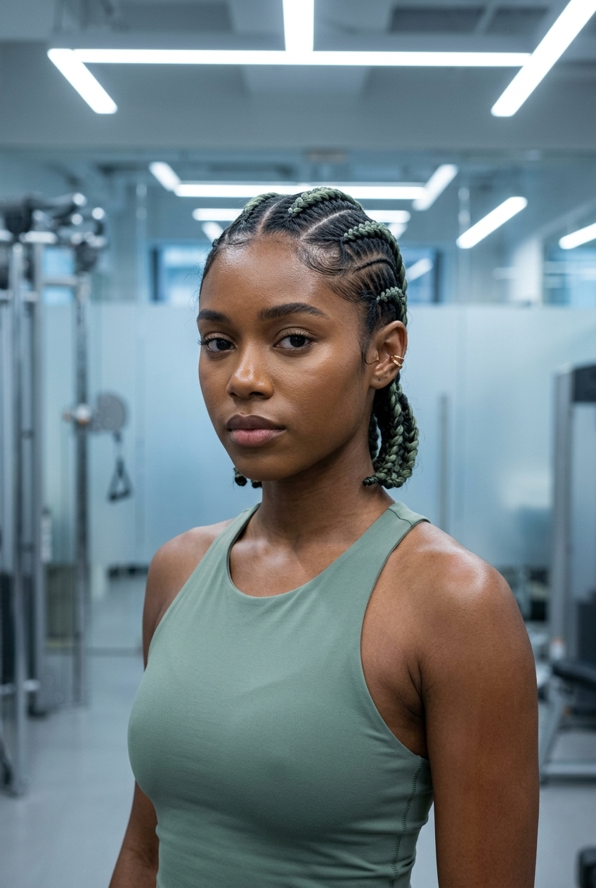 short iced matcha green cornrows with deep black base, stitch braiding, no fringe — minimalist workout style