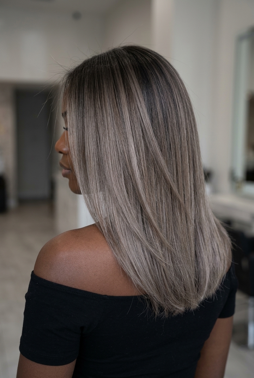 long iced mocha color melt hair color with deep ash brown, seamless gradient for sultry nights