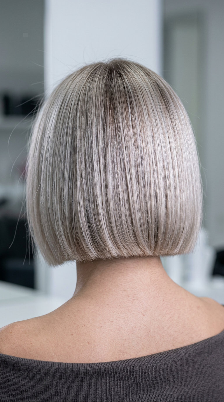 short italian bob haircut in cool ash blonde with silver undertones and root smudge — sophisticated gallery opening