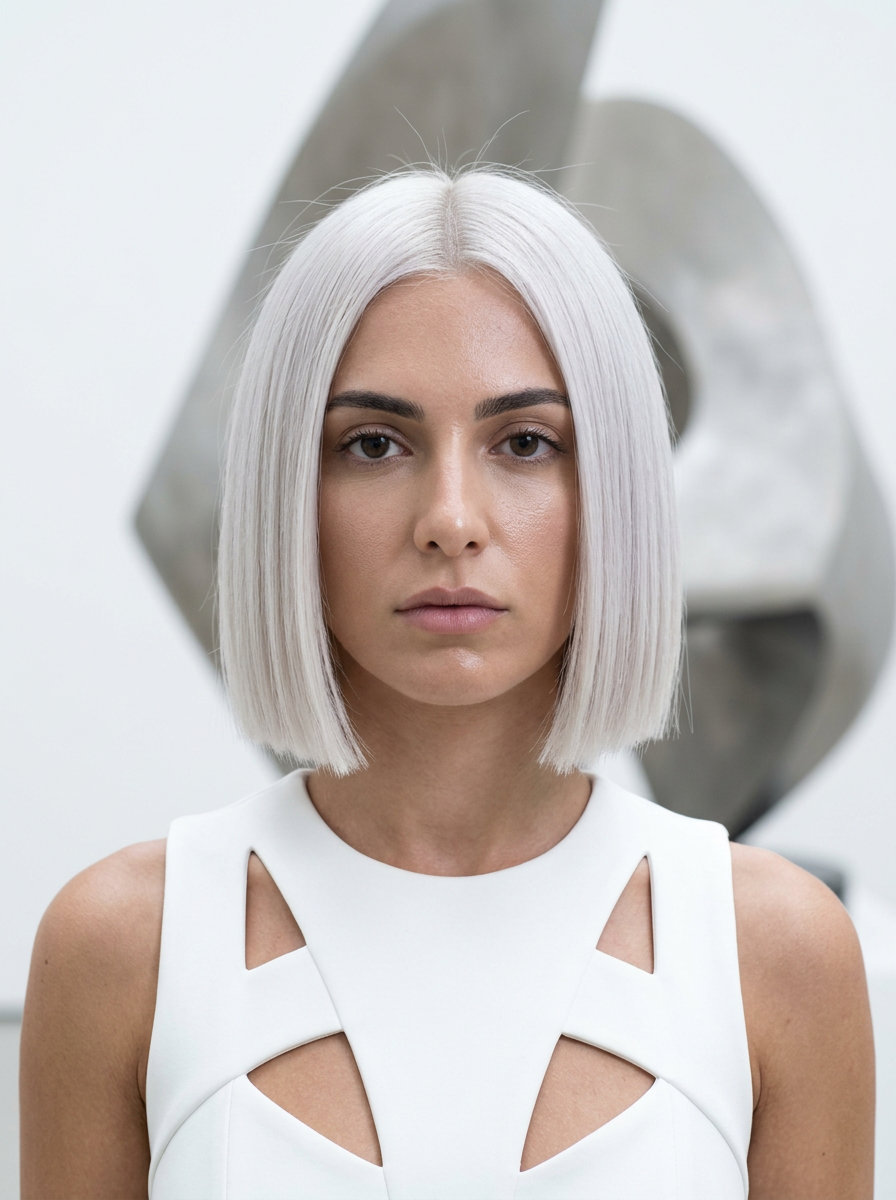 Platinum Power Bob Haircut 2026 chin-length blunt bob haircut with icy platinum blonde, razor sharp cut and center part for summer